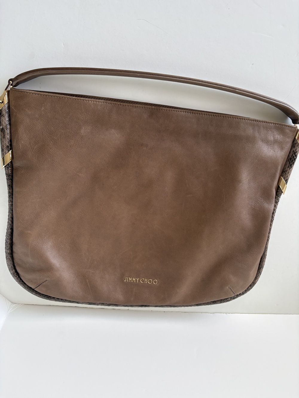 JIMMY CHOO ZOE LEATHER HOBO SHOULDER BAG Brown Snakeskin Gold tuck under the arm